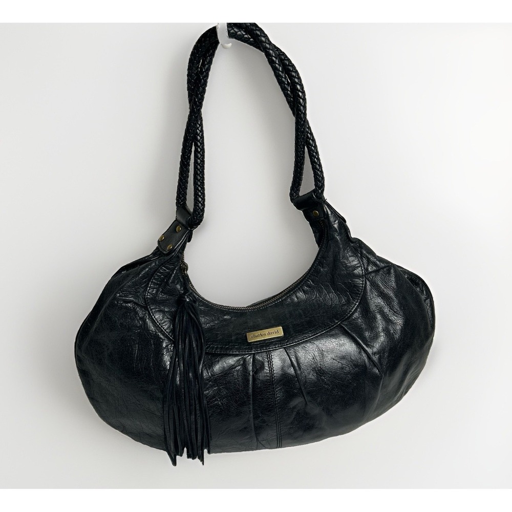 Charles David Black Leather Crescent Braided Straps Shoulder Handbag